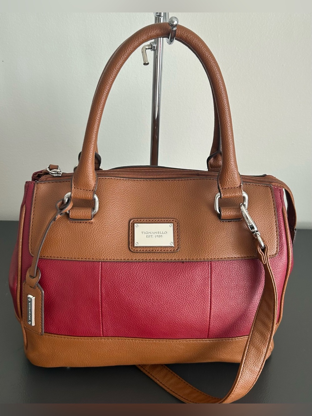Tignanello Colorblock Leather Satchel Crossbody Brown Burgundy Pebbled Leather - Picture 3 of 14
